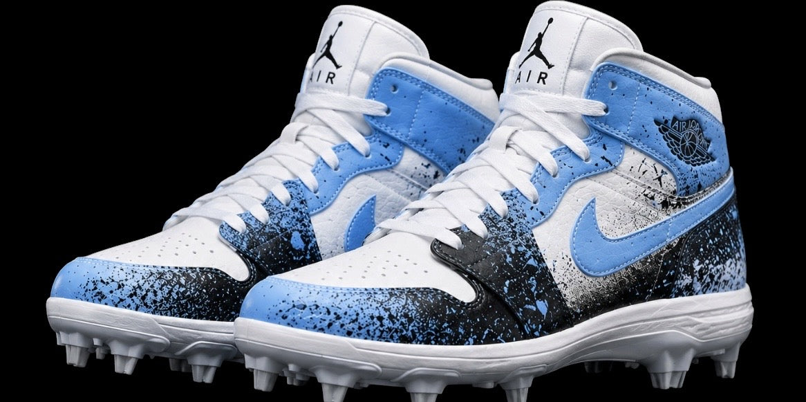 Carolina Blue Splatter Jordan 1 Mid Custom Cleats (Copy)